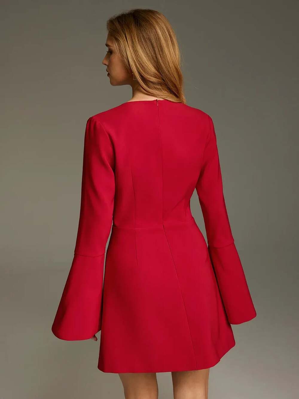 Commense Red Deep V Ruched Bell-Sleeve Mini Dress - Picture 5 of 8